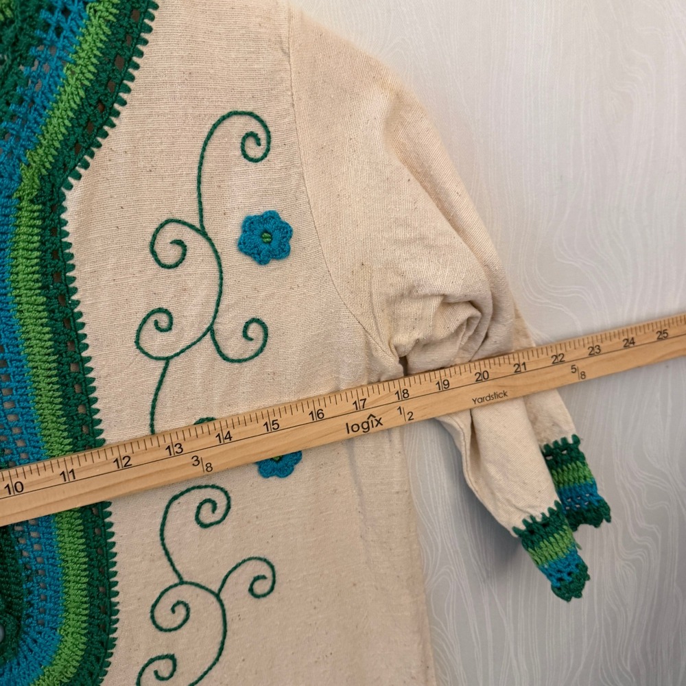 Handmade Crochet Maxi Dress M Cream Green Boho Festival Vintage Embroidered - Picture 4 of 6